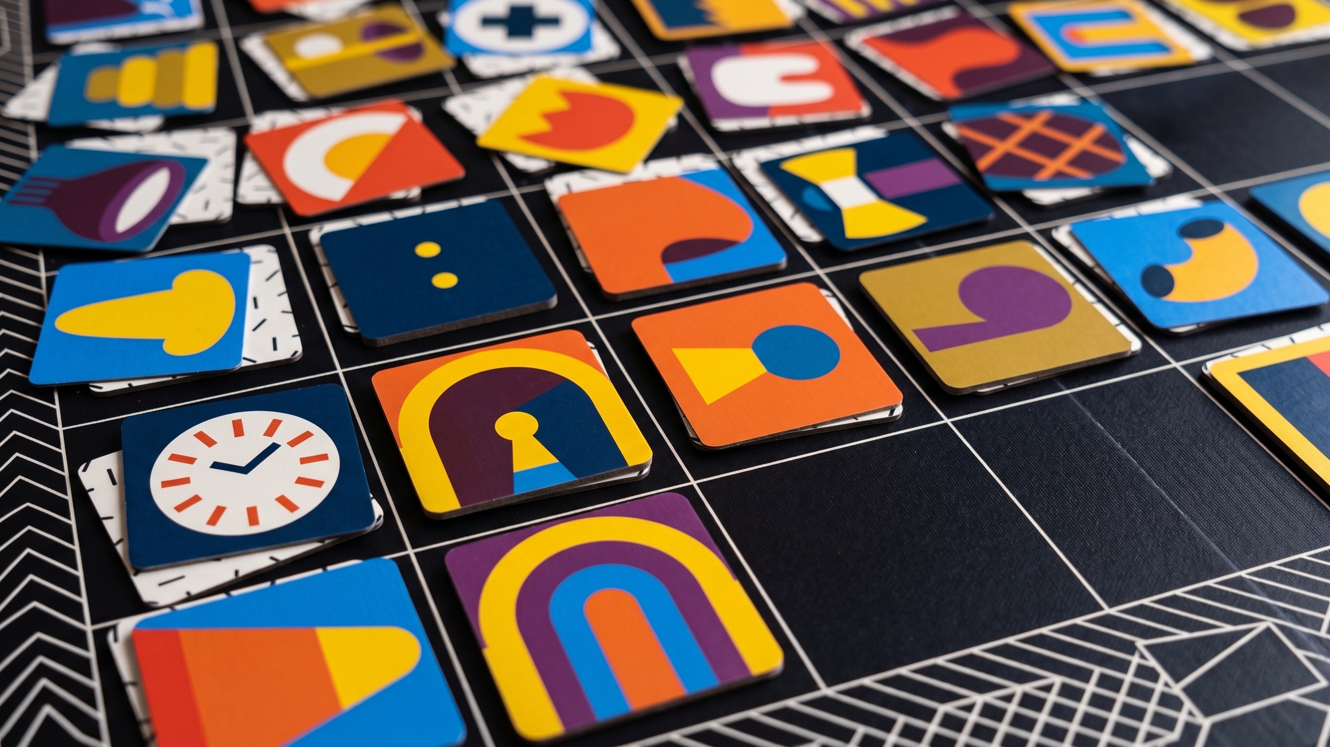 Close-up of colorful product tiles on the warehouse grid