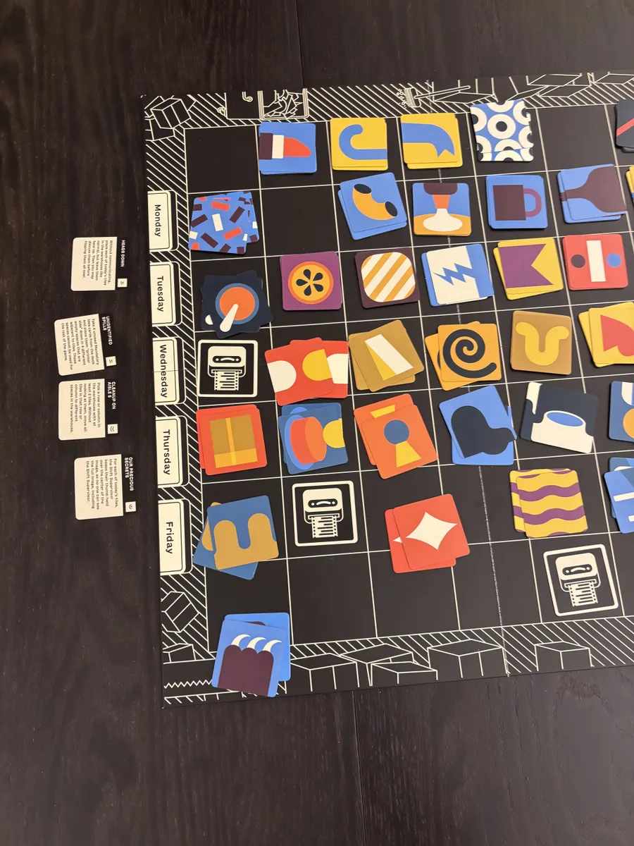Warehouse board with weekday tabs and rule cards along the side